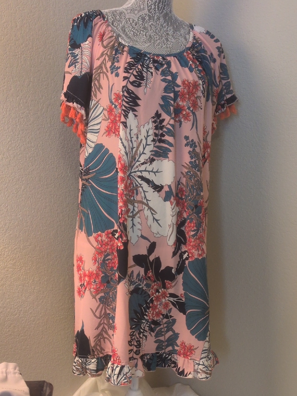 Uncle Frank Pink Floral Dress with Coral Tassel Trim